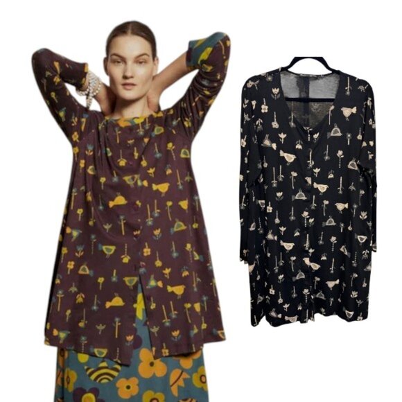 Gudrun Sjoden Black Bird Print Cotton Modal Long Sleeve Button Front Tunic - Picture 1 of 10